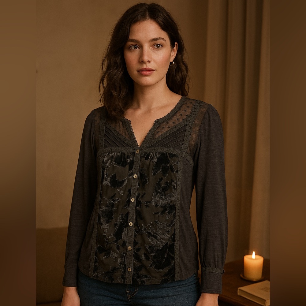 Meadow Rue by Anthropologie Burnout Velvet Lace Mesh Blouse whimsygoth grey